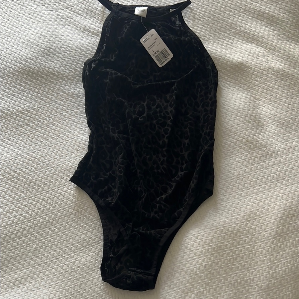 Forever 21 Black Burnout Velvet Animal Print Halter Bodysuit One Piece